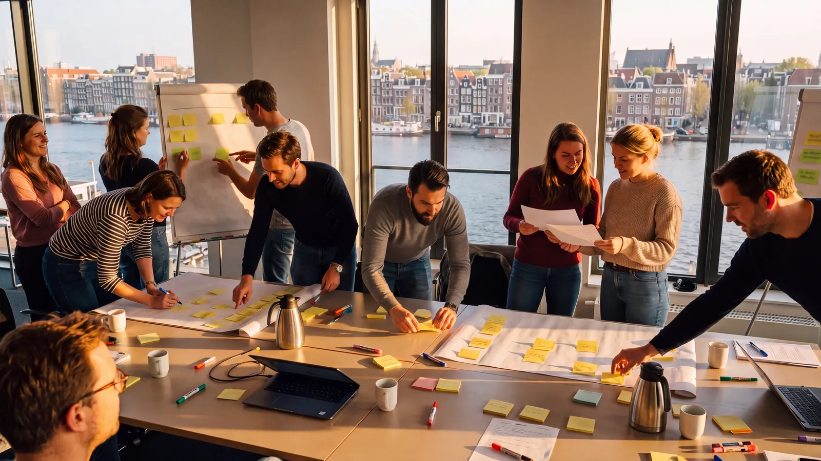 Een team staat rond een lange tafel vol gele post-its tijdens een werksessie, met uitzicht op de gracht